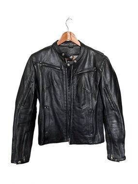 XElement Black Genuine Leather Motorcycle Jacket Womens Moto Armor Zip Liner L